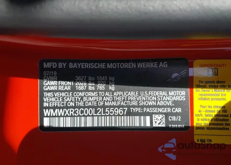 2020 Mini Hardtop Cooper из США, поврежденный, VIN WMWXR3C00L2L55967